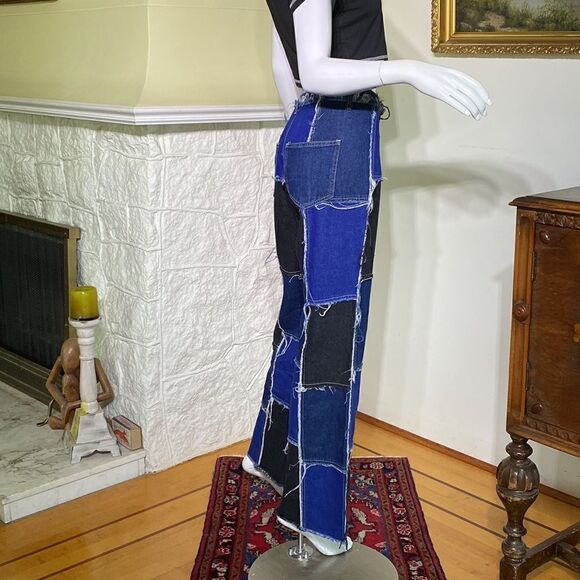 Shein Patchwork Distressed Black & Blue Denim High Waist Button Fly Flare Jeans - Picture 4 of 16
